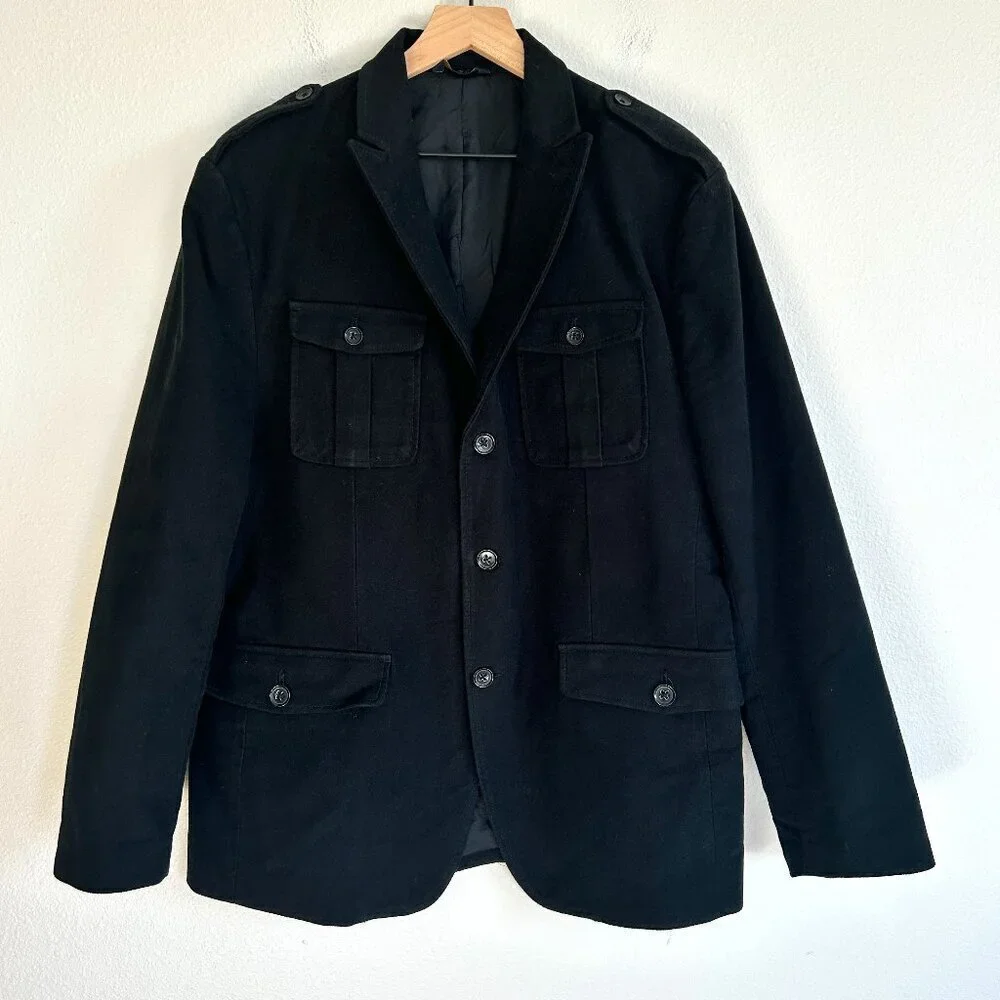 Banana Republic Jacket Black Military Overcoat 3 Button Closure Cotton